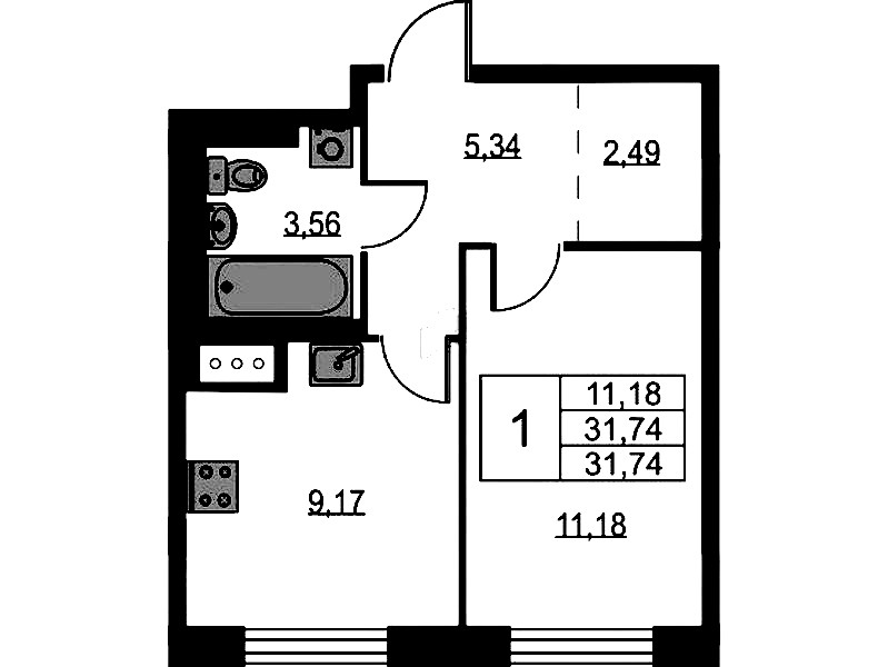 1-комнатная квартира 31.74 м², 9/9 эт., ЖК «Квартал Лаголово»